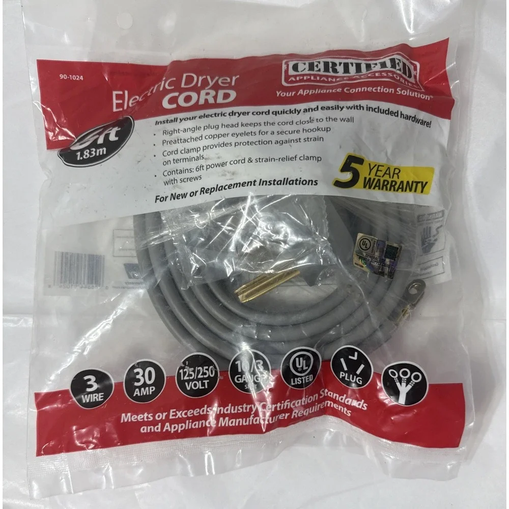 Certified Appliance Accessories 90-1024 Electric‎ Dryer Cord Gray 6ft New
